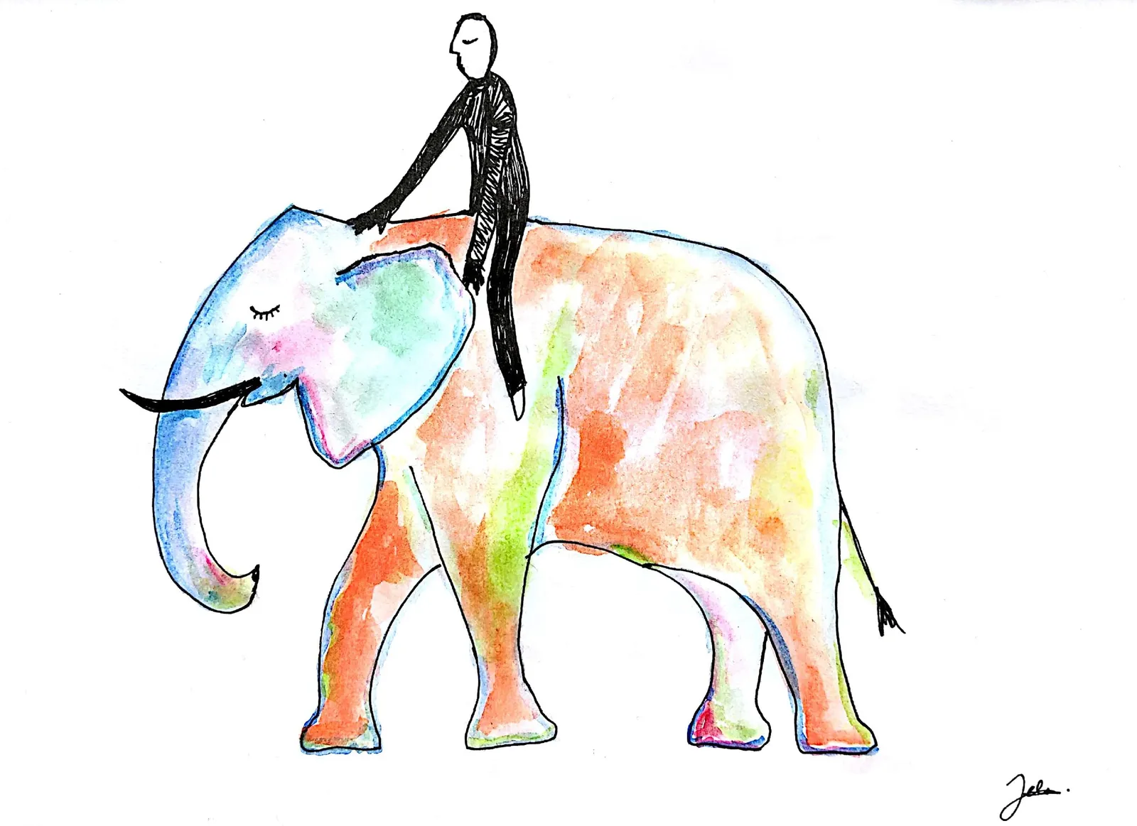 Desen în acuarelă: un om călărește un elefant colorat